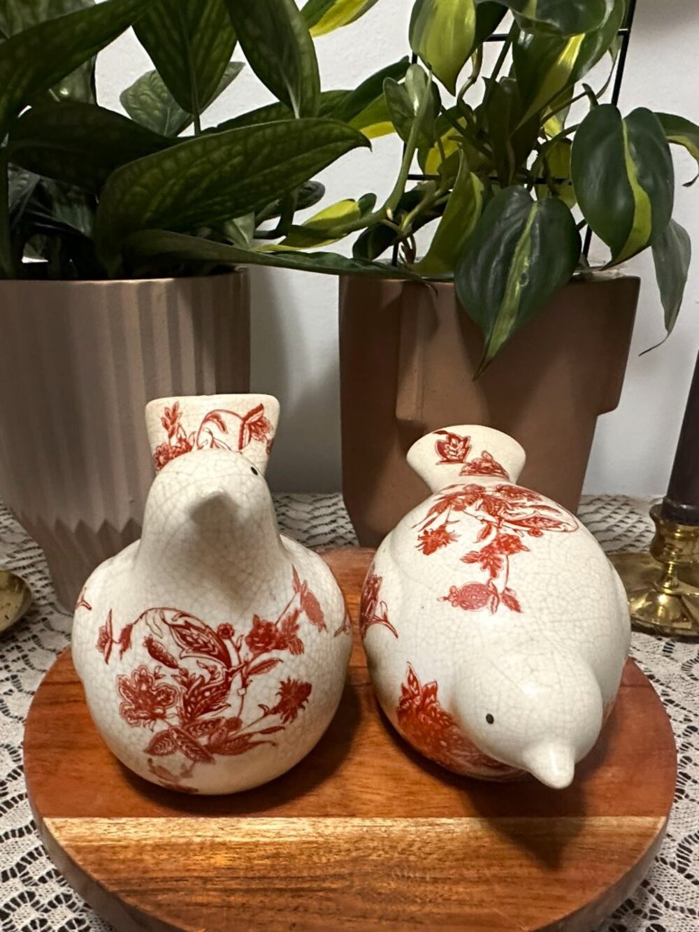 Vintage Crackle Glaze Ceramic Birds– Pair – Red Floral Chinoiserie Style